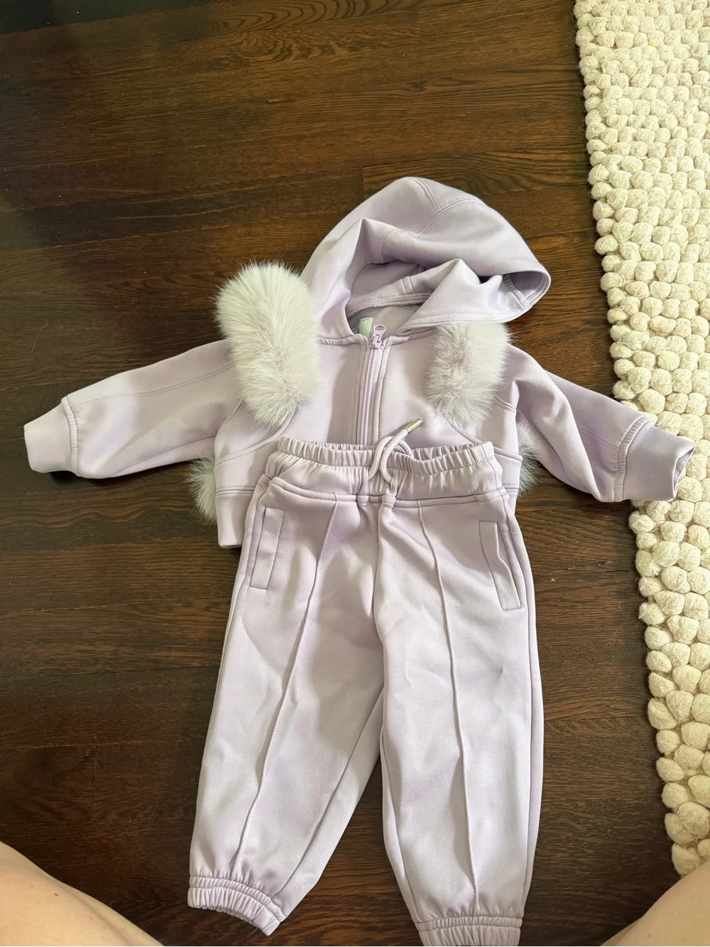 Lavender Two-Piece Hooded Jogger Set with Mink fur trim